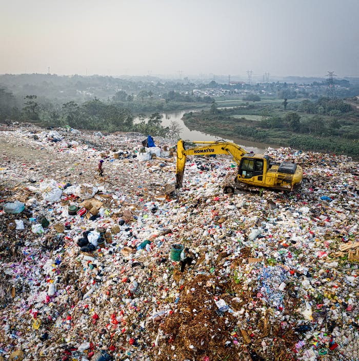 Aerial shot of a sprawling landfill in South Tangerang, Indonesia, highlighting waste and pollution challenges.