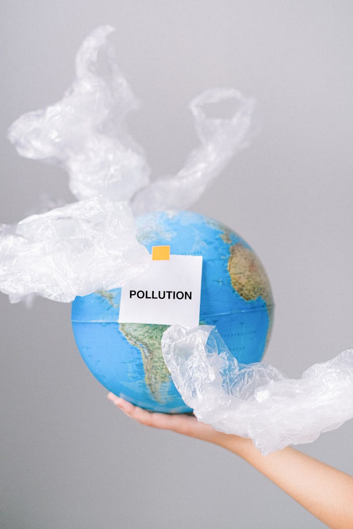A globe wrapped in plastic symbolizes pollution and environmental concerns.